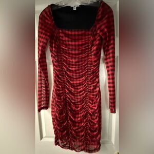 Plaid Red and Black Ruched Dress